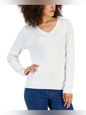 NWT Karen Scott 2x2 Vneck Winter White Long Sleeve